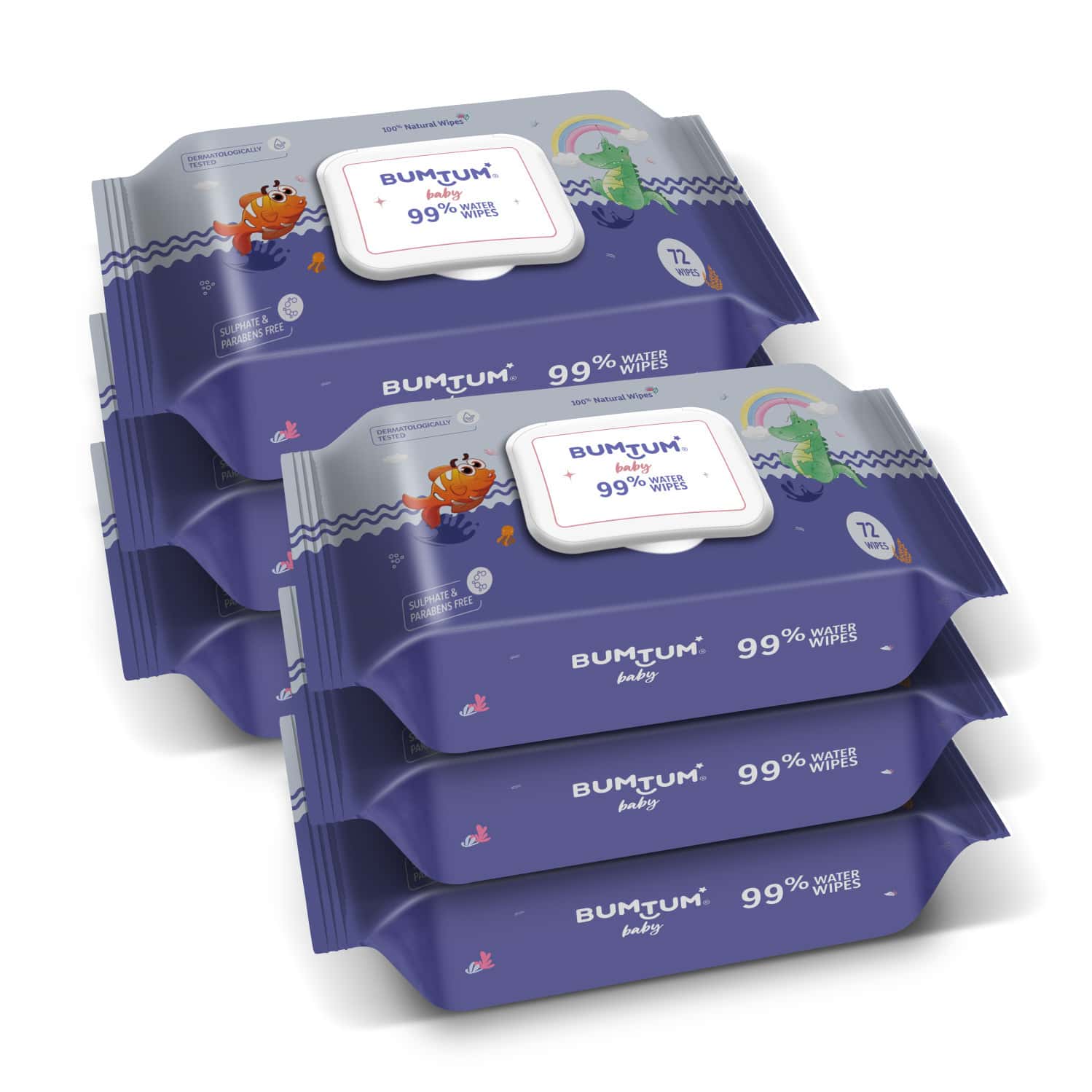 Bumtum Baby Gentle 99% Pure Water Wet Wipes With Lid Paraben Free (Pack Of 6 | 72 Pcs. Per Pack)
