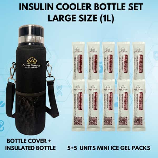 Outer Woods Insulin Cooler Bottle Case With 10 Mini Ice Gel Packs | 20+ Hrs Cooling | Large - Black