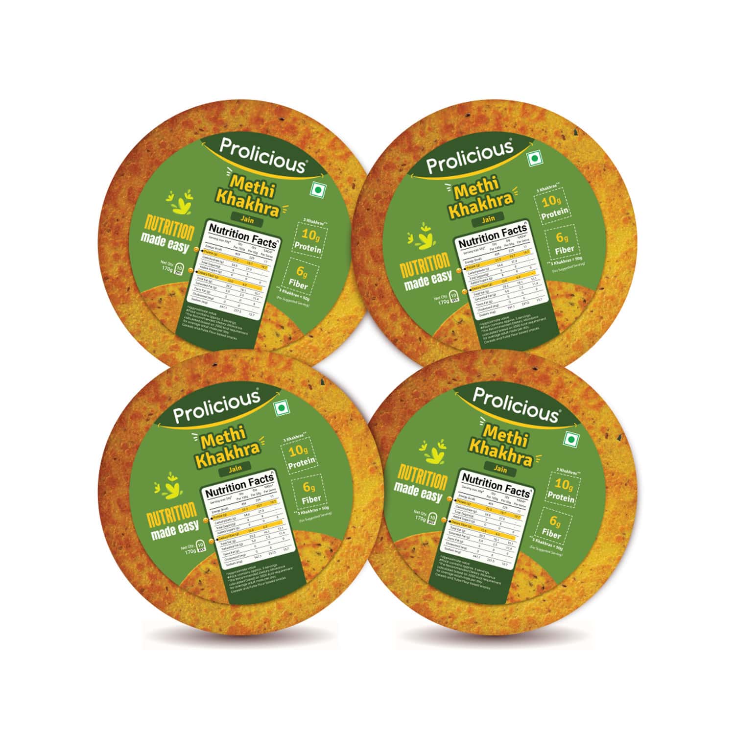 Prolicious 2x Protein Methi Khakra | No Palm Oil | High Protein Snack (Pack Of 4 | 170g Each)