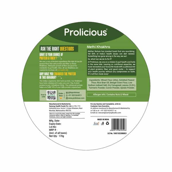Prolicious 2X Protein Methi Khakra | No Palm Oil | High Protein Snack (Pack Of 4 | 170G Each)