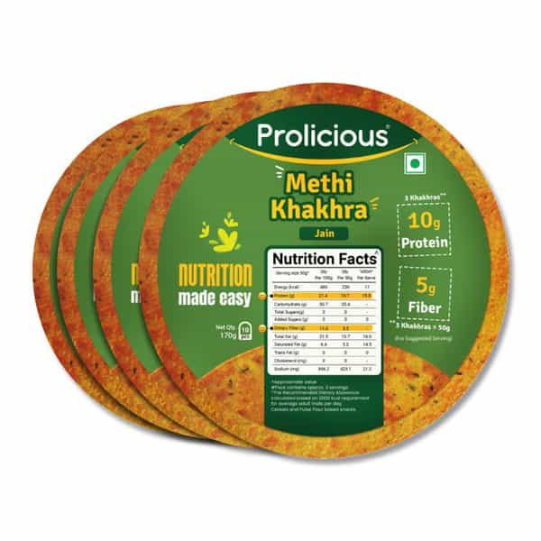 Prolicious 2X Protein Methi Khakra | No Palm Oil | High Protein Snack (Pack Of 4 | 170G Each)