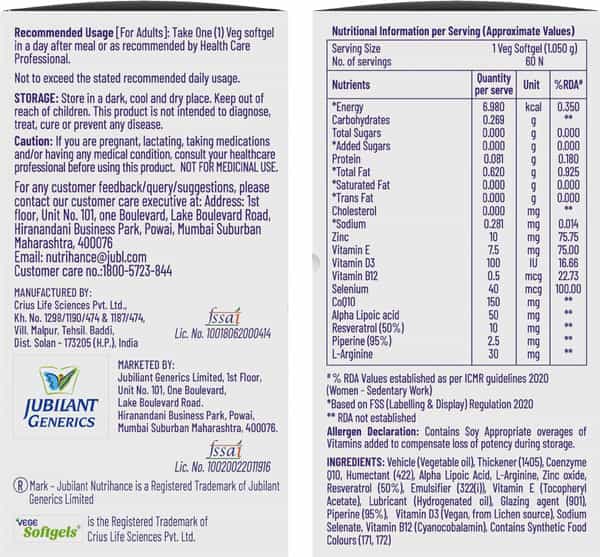 Jubilant Nutrihance Ub Gold Coenzyme Q10 150Mg (60 Veg Softgels) Boost Cellular Energy & Immunity