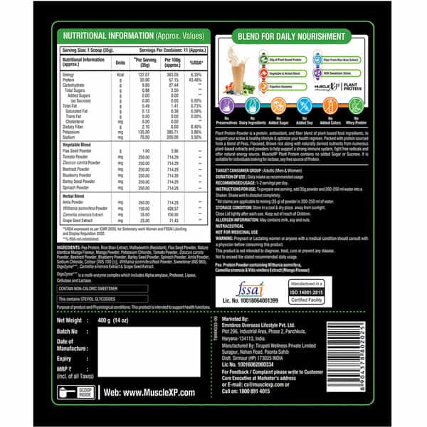 Musclexp Plant Protein - Natural Protein Powder With Pea Protein Mango Flavour 400 Gm Pouch