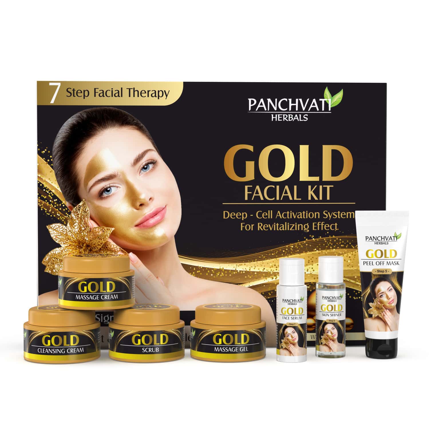 Panchvati Herbals Gold Facial Kit | Radiant & Glowing Complexion | 7 Step Facial Kit- 220gm + 50ml
