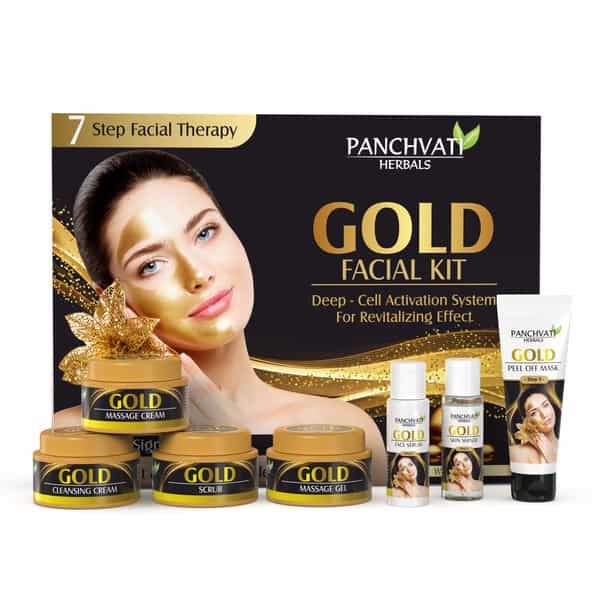Panchvati Herbals Gold Facial Kit | Radiant & Glowing Complexion | 7 Step Facial Kit- 220Gm + 50Ml