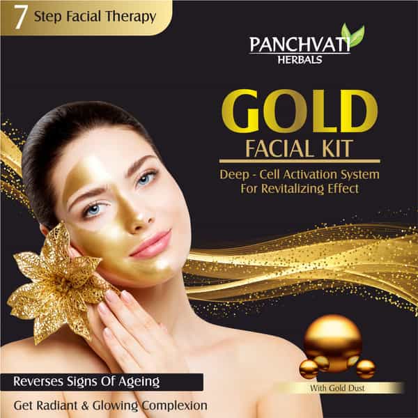 Panchvati Herbals Gold Facial Kit | Radiant & Glowing Complexion | 7 Step Facial Kit- 220Gm + 50Ml