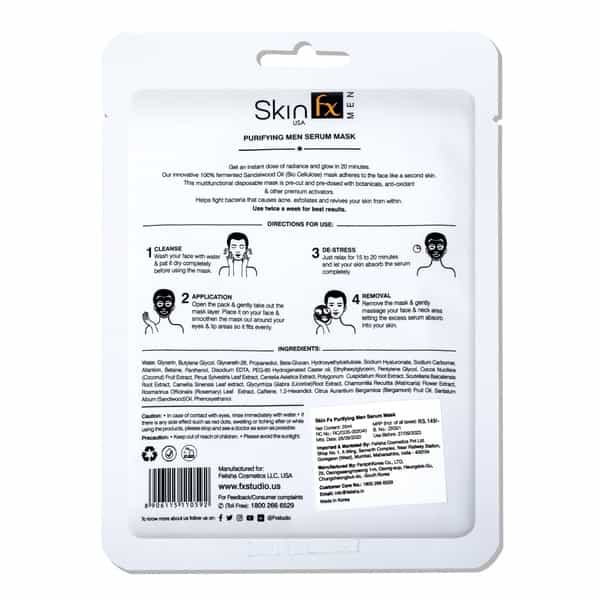 Skin Fx Purifying Men Serum Mask, Sandalwood Oil, Instantly Hydrates & Energizes Tired Skin, 25 Ml
