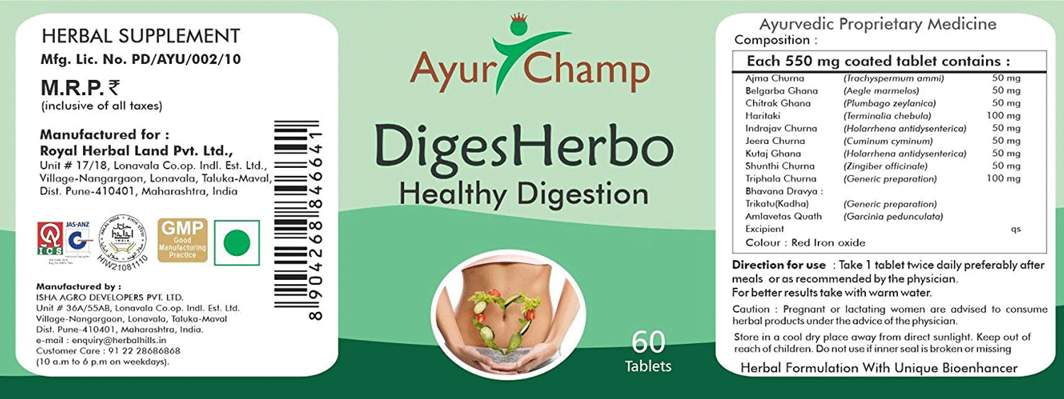 Ayur Champ Diges Herbo | Healthy Digestion | Herbal Supplement |60 Tablets