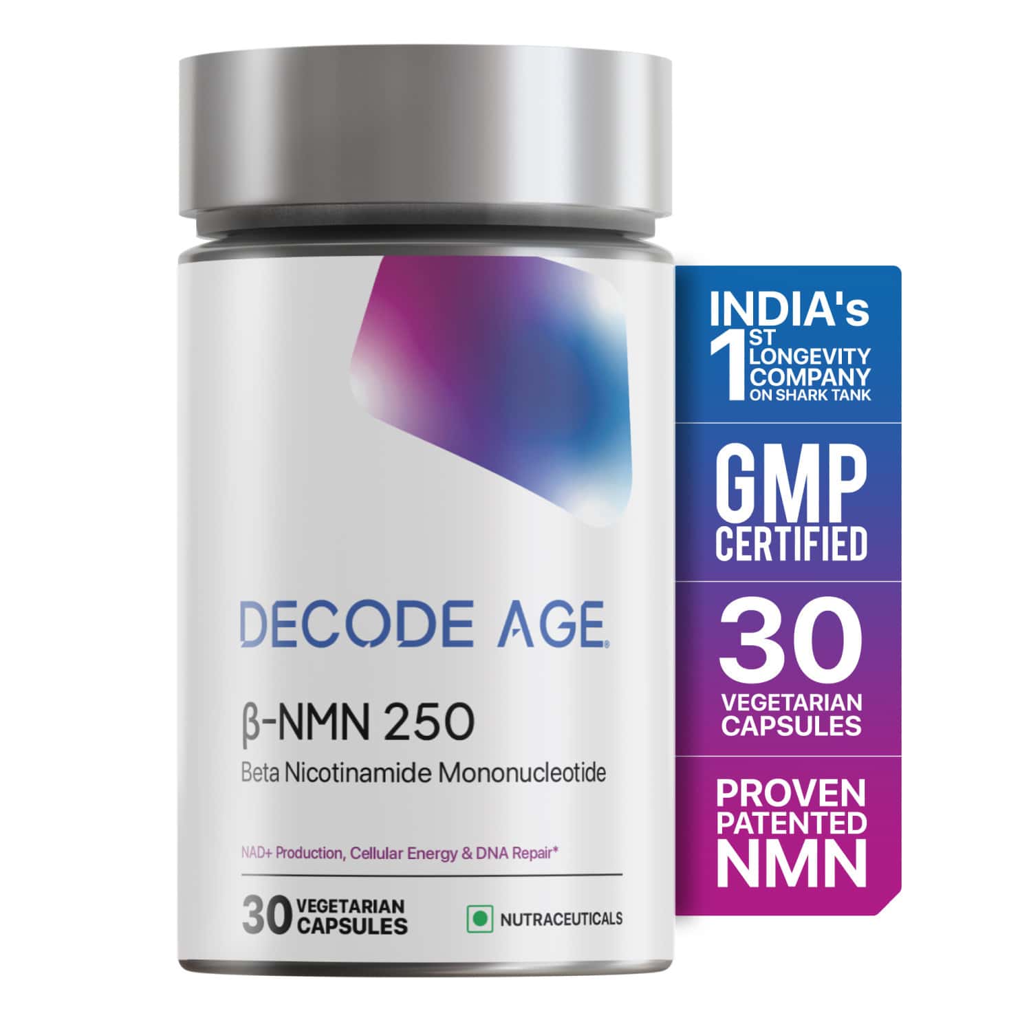Decode Age Nmn Supplement | 99.9% Pure Beta Nmn | Nad+ Booster For Energy | 250mg | Veg - 60n
