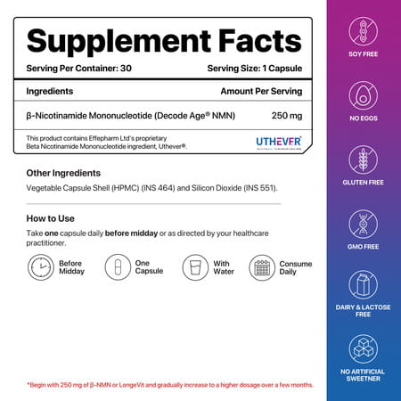 Decode Age Nmn Supplement | 99.9% Pure Beta Nmn | Nad+ Booster For Energy | 250mg | Veg - 60n