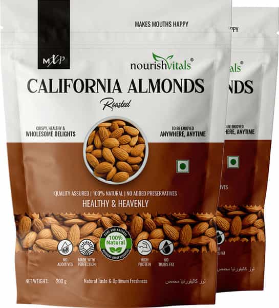 Nourishvitals California Roasted Almonds 200G X Pack Of 2 - No Added Oil Or Preservatives