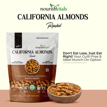 Nourishvitals California Roasted Almonds 200g X Pack Of 2 - No Added Oil Or Preservatives