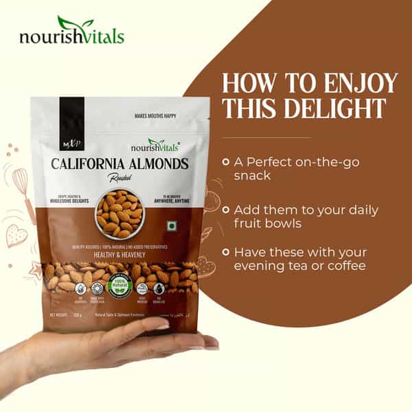 Nourishvitals California Roasted Almonds 200G X Pack Of 2 - No Added Oil Or Preservatives