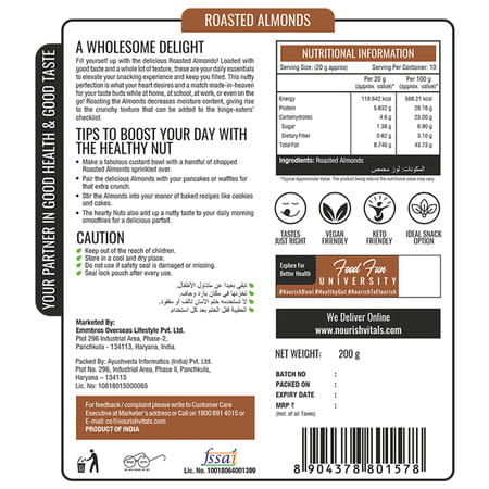 Nourishvitals California Roasted Almonds 200g X Pack Of 2 - No Added Oil Or Preservatives