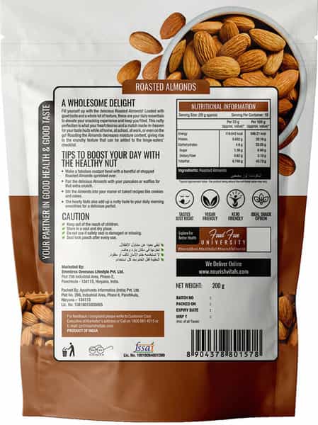Nourishvitals California Roasted Almonds 200G X Pack Of 2 - No Added Oil Or Preservatives