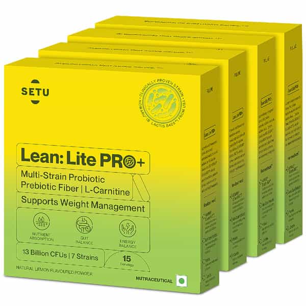 Setu Lean Lite Pro+ Gut Health Powder | Prebiotic & Probiotic Supplement - 15 Sachets (Pack Of 4)