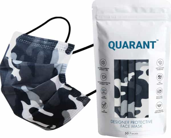 Quarant 4 Ply Designer Protective Surgical Face Mask With Nose Pin Camo Black - Pack Of 50