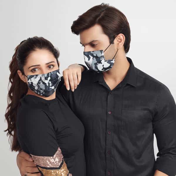 Quarant 4 Ply Designer Protective Surgical Face Mask With Nose Pin Camo Black - Pack Of 50