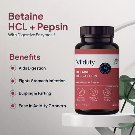 Miduty Betaine Hcl & Pepsin - Gas - Acidity - Bloating - Anti-Acid Stomach Care- 60 Capsules