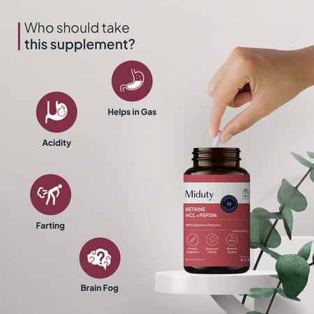 Miduty Betaine Hcl & Pepsin - Gas - Acidity - Bloating - Anti-Acid Stomach Care- 60 Capsules