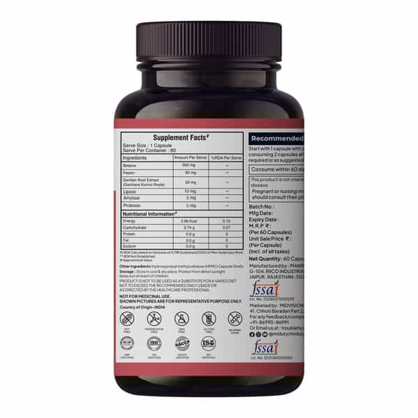 Miduty Betaine Hcl & Pepsin - Gas - Acidity - Bloating - Anti-Acid Stomach Care- 60 Capsules
