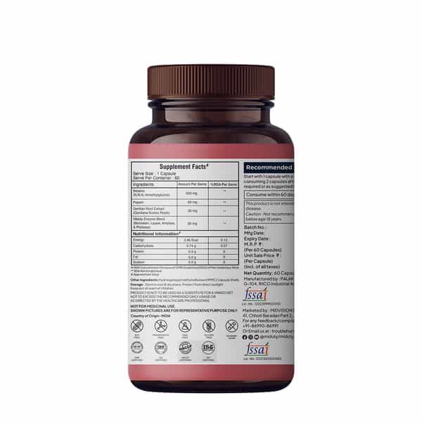 Miduty Betaine Hcl & Pepsin - Gas - Acidity - Bloating - Anti-Acid Stomach Care- 60 Capsules