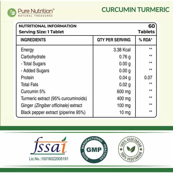 Pure Nutrition Curcumin Turmeric Extract Curcumin Tablets With Piperine For Healthy Joints - 60