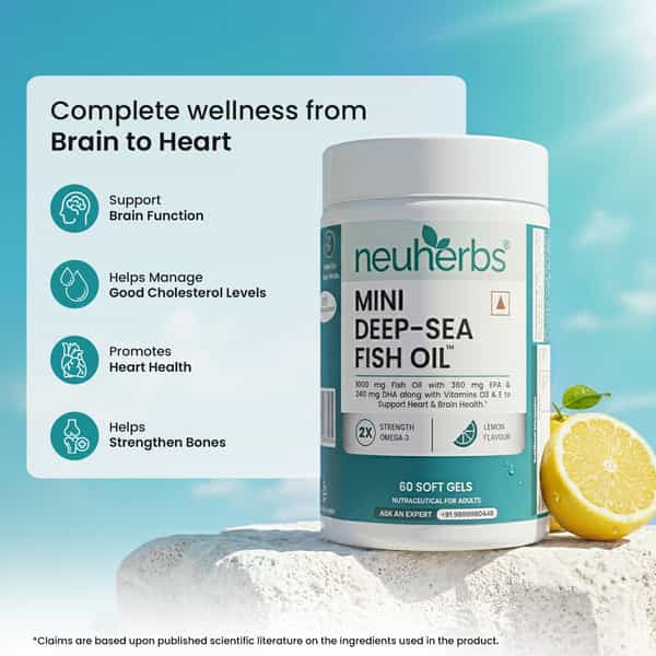 Neuherbs Mini Deep Sea Fish Oil - Omega 3 1000 Mg Epa & Dha With Vitamin D3 & E - 60 Capsules