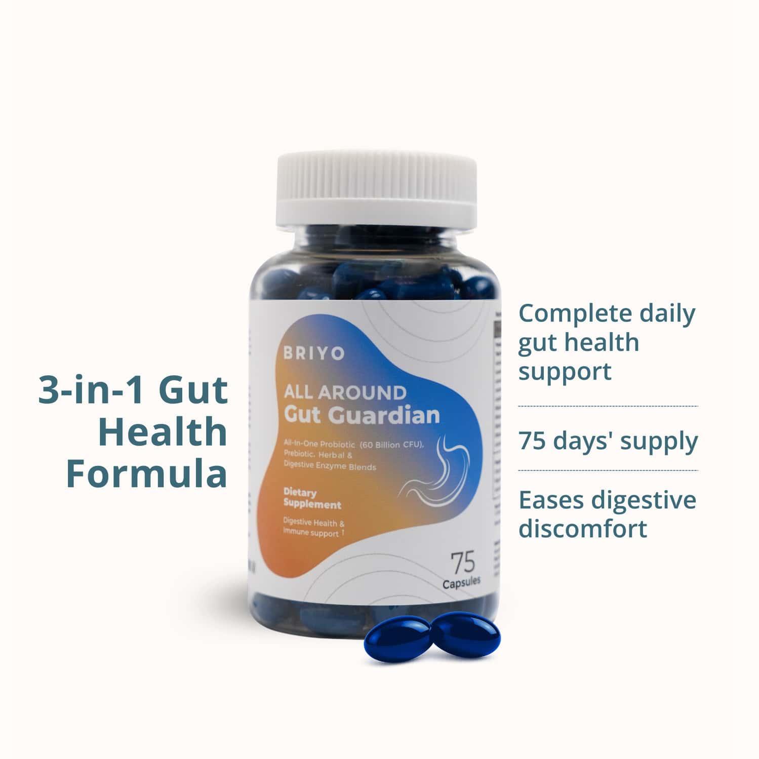 Briyo All Around Gut Guardian- 60 Billion Cfu Probiotics Prebiotics Digestive Enzymes & Herbs - 75n