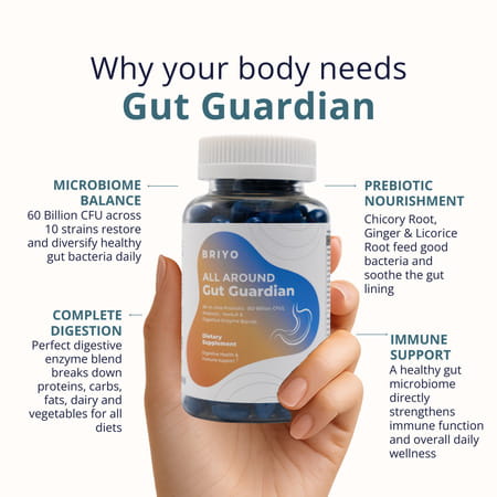 Briyo All Around Gut Guardian- 60 Billion Cfu Probiotics Prebiotics Digestive Enzymes & Herbs - 75N