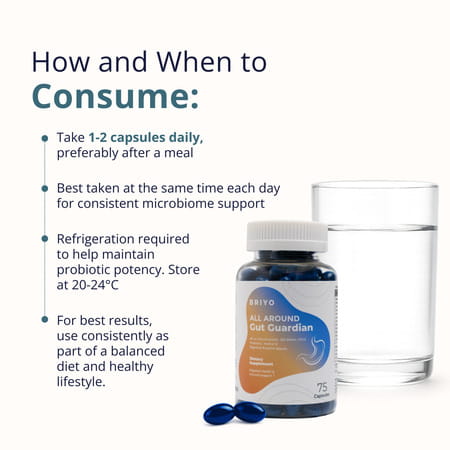 Briyo All Around Gut Guardian- 60 Billion Cfu Probiotics Prebiotics Digestive Enzymes & Herbs - 75N