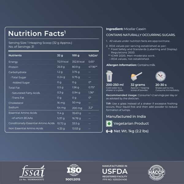 Nutrabay Pure 100% Micellar Casein Protein Unflavoured - 1Kg