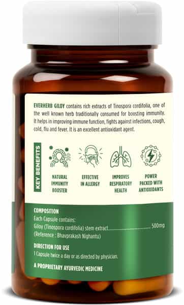 Everherb (By Pharmeasy) Giloy (Guduchi) 500Mg - Maintains Resipiratory Health - Bottle Of 60