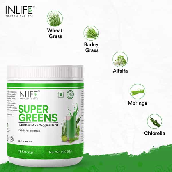 Inlife Super Greens Powder Supplement,Immune Support, Detox,Antioxidants,Gluten-Free,Non-Gmo-200G