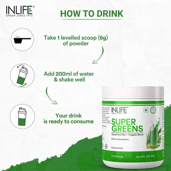 Inlife Super Greens Powder Supplement,Immune Support, Detox,Antioxidants,Gluten-Free,Non-Gmo-200G