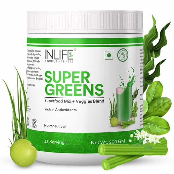 Inlife Super Greens Powder Supplement,Immune Support, Detox,Antioxidants,Gluten-Free,Non-Gmo-200G
