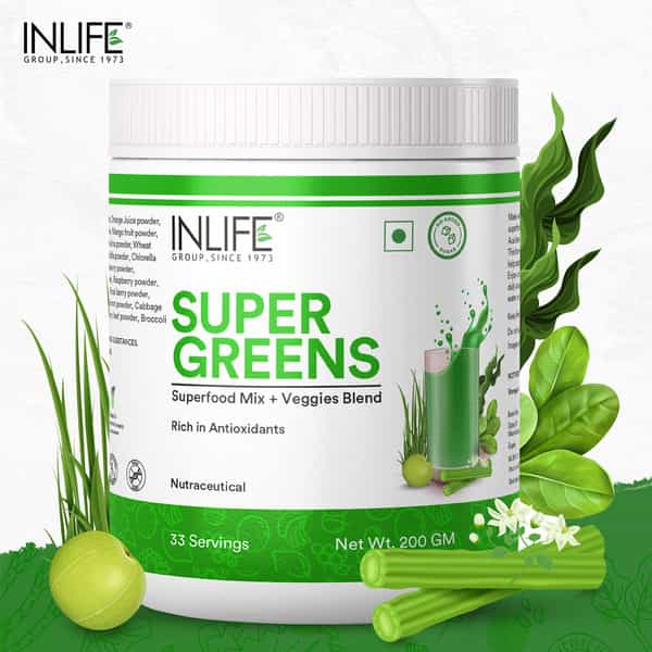 Inlife Super Greens Powder Supplement,Immune Support, Detox,Antioxidants,Gluten-Free,Non-Gmo-200G