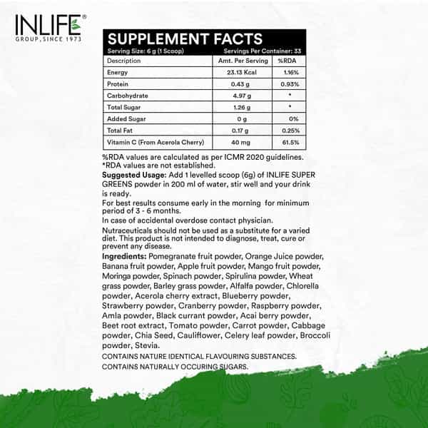 Inlife Super Greens Powder Supplement,Immune Support, Detox,Antioxidants,Gluten-Free,Non-Gmo-200G