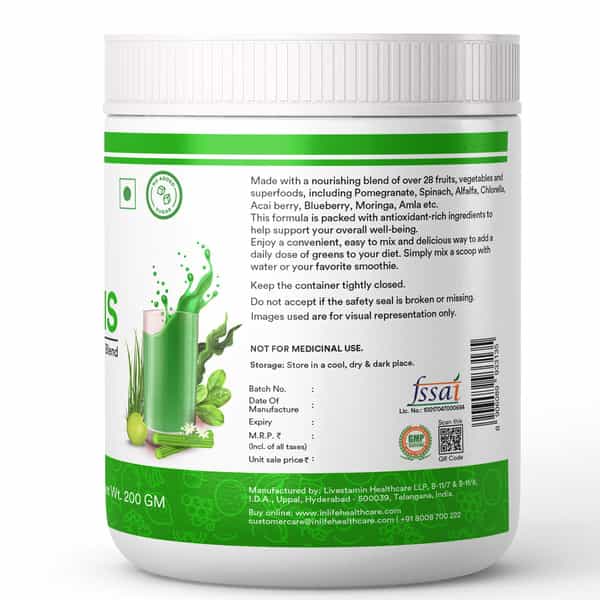 Inlife Super Greens Powder Supplement,Immune Support, Detox,Antioxidants,Gluten-Free,Non-Gmo-200G
