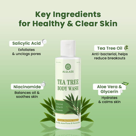 Alglaze Tea Tree Body Wash | Oil Balancing | Salicylic Acid Tea Tree Oil & Niacinamide | 200Ml