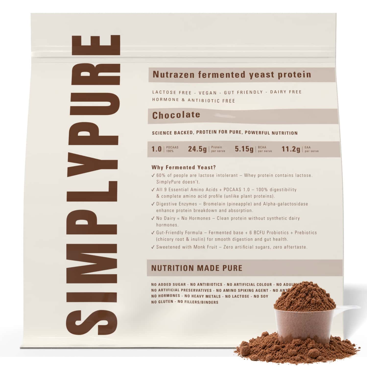 Nutrazen Simplypure Fermented Yeast Protein Powder | Chocolate | 24.5g Protein | Pdcaas 1.0 - 1kg