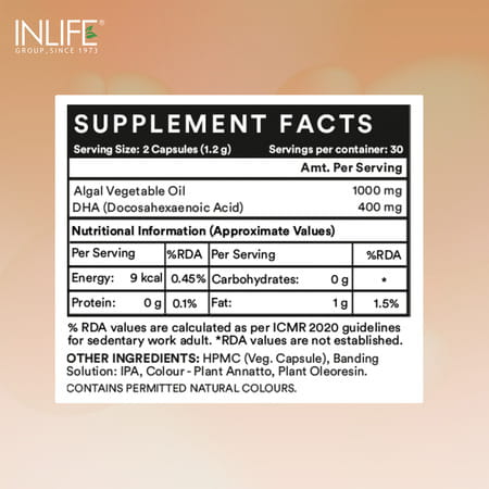 Inlife Plant Based Vegan Omega 3 Dha Supplement Algal Oil 400 Mg - 60 Vegetarian Capsules