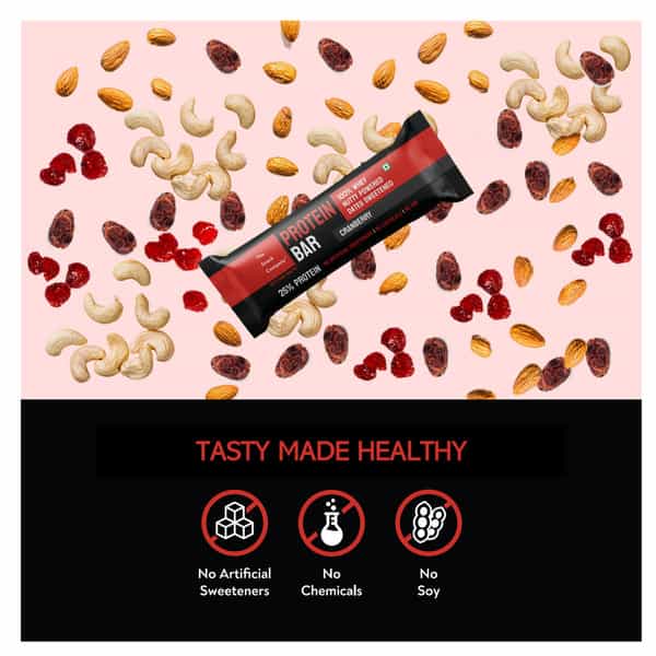 The Snack Company Cranberry Protein Bar - 50G - Pack Of 2 | 100% Whey Protein Bar | 25% Protein