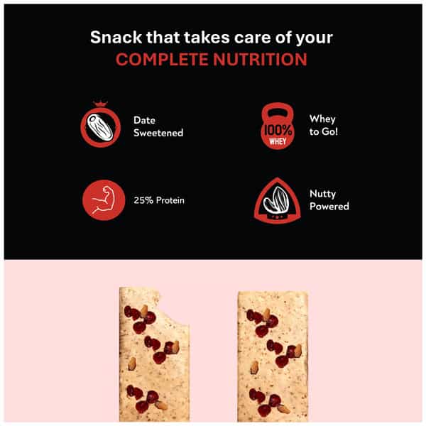 The Snack Company Cranberry Protein Bar - 50G - Pack Of 2 | 100% Whey Protein Bar | 25% Protein