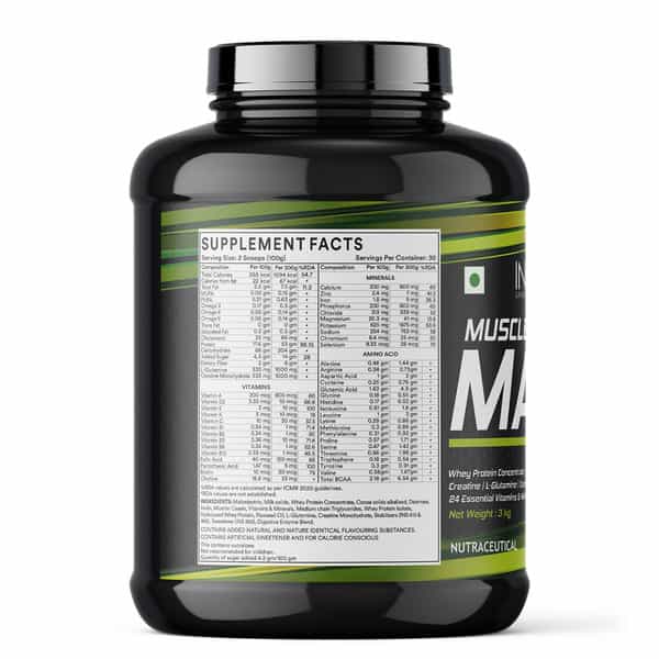 Inlife Muscle Mass Gainer With Whey Protein Powder Body Building Supplement (Chocolate 3 Kg)