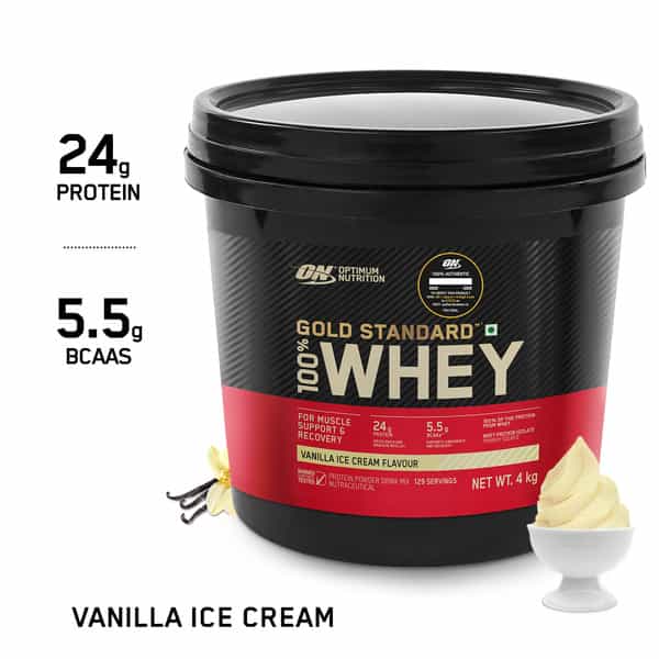 Optimum Nutrition (On) Gold Standard 100% Whey Protein Vanilla Ice Cream Flavour Jar Of 4Kg Powder