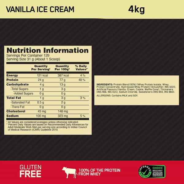 Optimum Nutrition (On) Gold Standard 100% Whey Protein Vanilla Ice Cream Flavour Jar Of 4Kg Powder