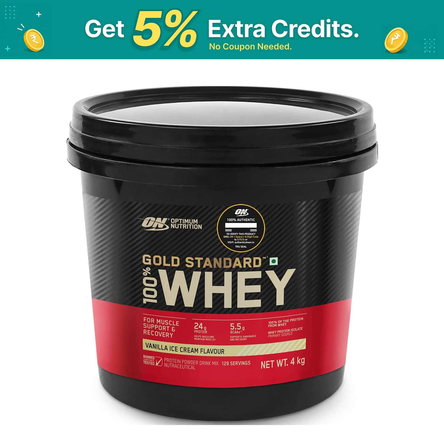 Optimum Nutrition (on) Gold Standard 100% Whey Protein Vanilla Ice Cream Flavour Jar Of 4kg Powder