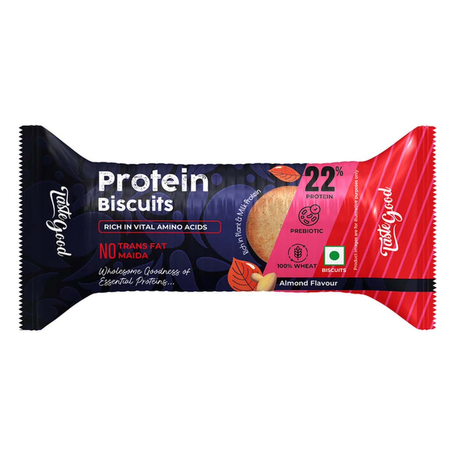 Taste Good Protein Biscuits | Almond Flavour | 22% Plant & Milk Protein | 10x75gm