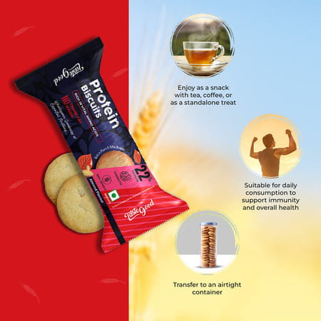 Taste Good Protein Biscuits | Almond Flavour | 22% Plant & Milk Protein | 10x75gm